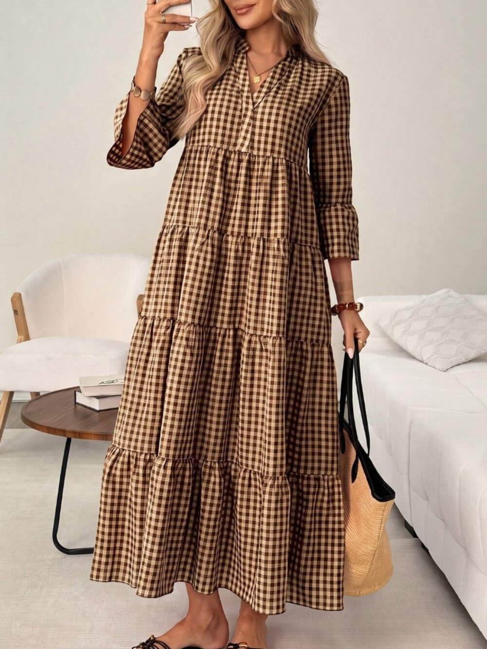 Brown Cute Women's Plaid Dress